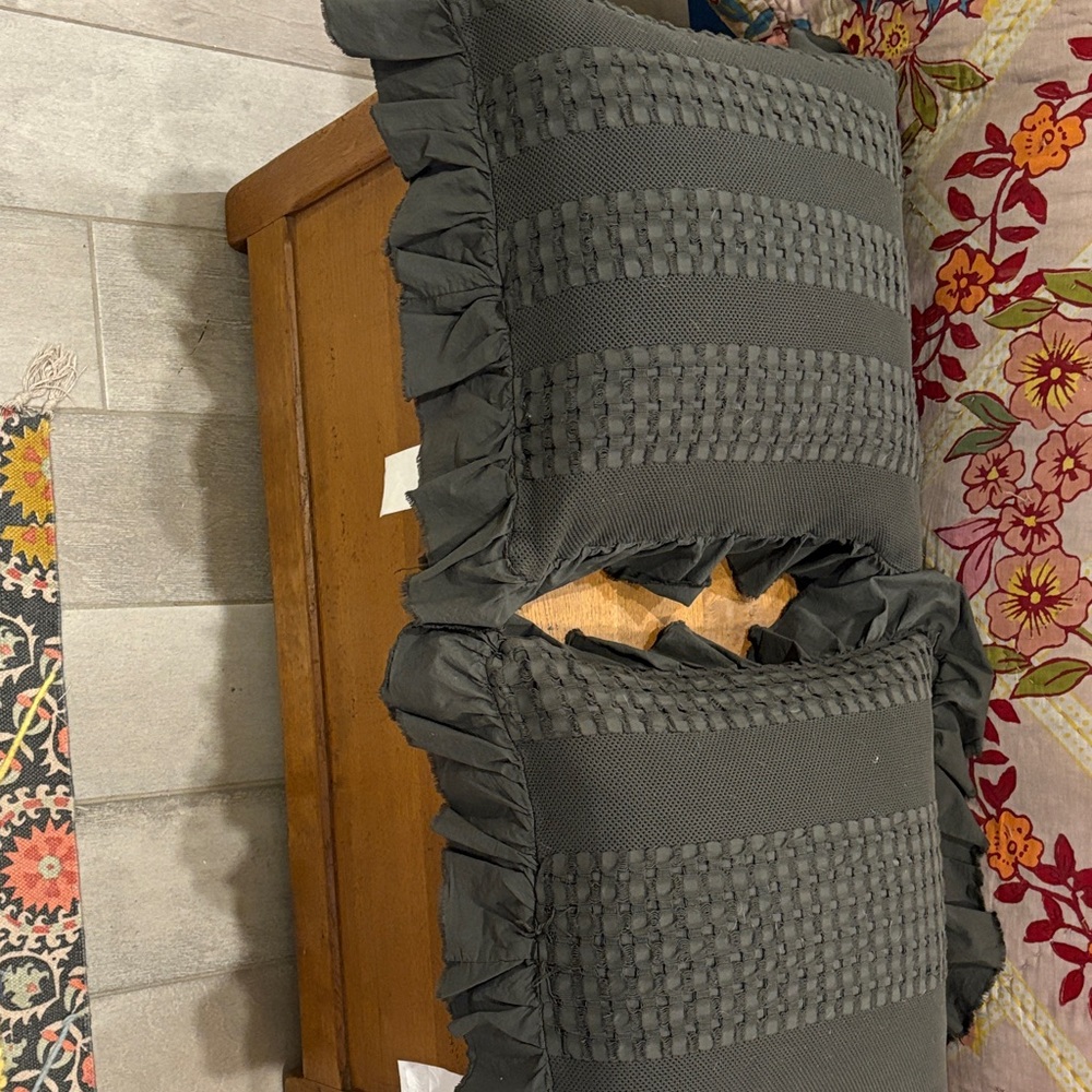Elegant Gray Ruffled Pillows sold in pair. Sold in set